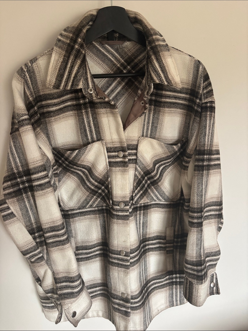 H&M Plaid Button-Down Shacket in Cream and Brown